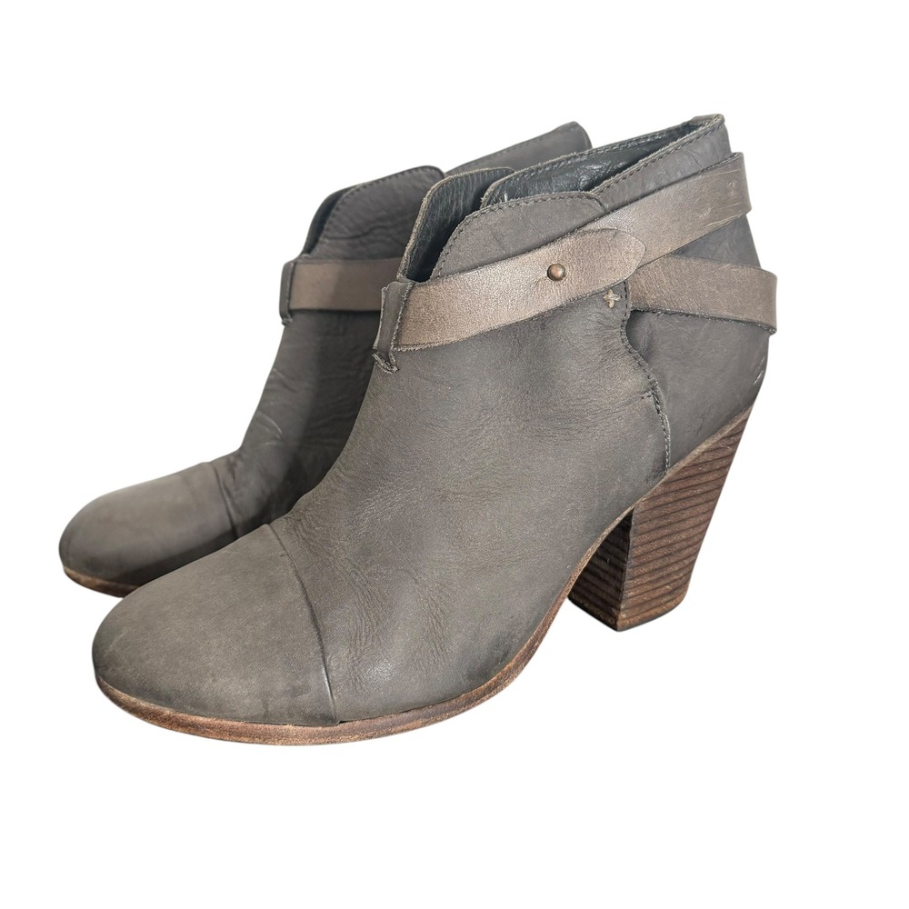 Rag & Bone Distressed Gray Strappy Leather Ankle Boots Size 10 Chunky Block Heel
